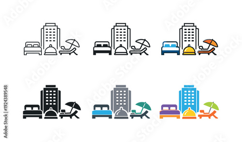 Guest lifestyle concept icon showing a high-rise hotel building with bed, bell, and lounge symbols, representing modern hotel