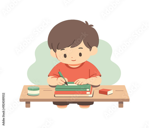 Calm child labels notebooks at a desk, covers centered, labels aligned straight, movements slow. | labeling notebooks, notebooks,