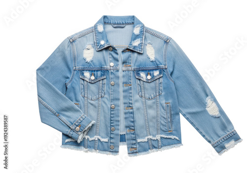 Light blue distressed denim jacket with frayed hem and cuffs front view isolated on transparent background