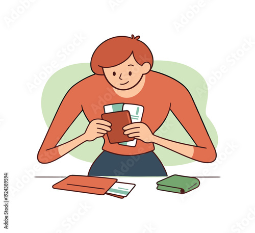 Inside person double checks travel documents, fingers holding passport, tickets aligned, posture leaning forward slightly. |