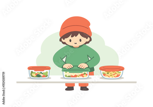 Cozy child puts leftovers into containers, closing lids carefully as bowls and boxes line up on a clean counter. | leftovers,