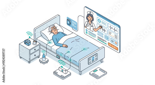 Hospital room with patient and doctor on screen.