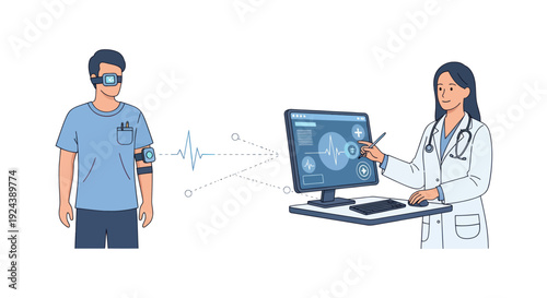 Medical professional analyzing patient data on computer with wearable device.