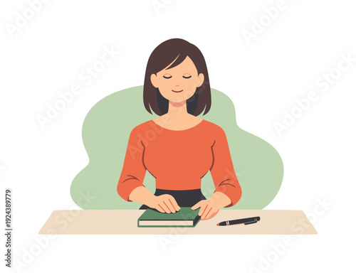 Calm person closes a notebook at a desk, cover lowered gently, pen aside, pages aligned, pause marking end of workday calmly. ok!