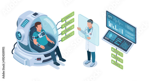 Doctor monitoring patient in medical capsule with health data on screen.