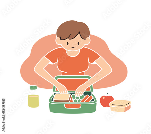 Inside child prepares a school lunch quietly, arms reaching into lunchbox, items arranged with care. | school lunch, preparing