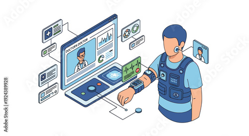 Law enforcement officer working on a computer with various digital elements.