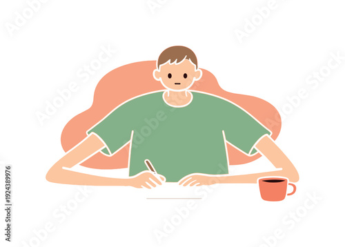 Light person writes a short note at a desk, pen moving slowly as paper rests flat and a cup sits nearby in calm light today here!