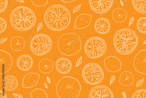Seamless pattern of Citrus Fruits and Leaves. Lemon, lime, orange. Hand drawn. Isolated on orange background
