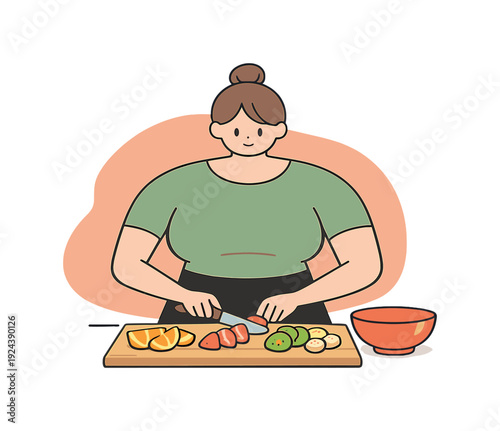 Soft person slices fruit on a board for snacks, knife steady, colorful pieces arranged neatly, bowl nearby, calm kitchen scene. |