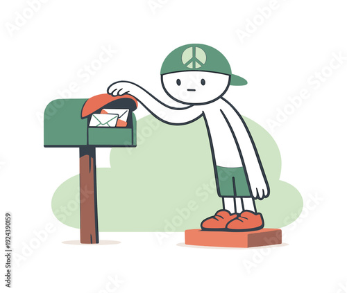 Peace person checks a mailbox on the street, lifting the lid as envelopes peek out and shoes pause on the step quietly nearby now
