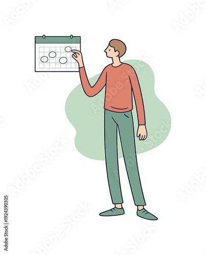 Gentle person checks a calendar on the wall, one hand raised, dates circled faintly, posture relaxed and steady. | checking