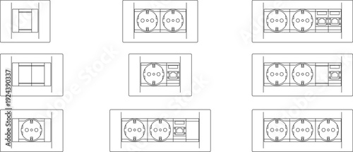 A set of technical architectural CAD blocks featuring various electrical wall outlets and switches, including single, double, and triple European-style power sockets with integrated data or telephone 
