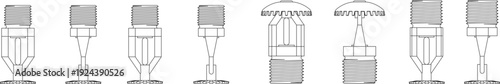 A set of technical architectural CAD blocks featuring various fire sprinkler head models, including upright and pendent types shown in side elevations for fire protection system and safety planning.