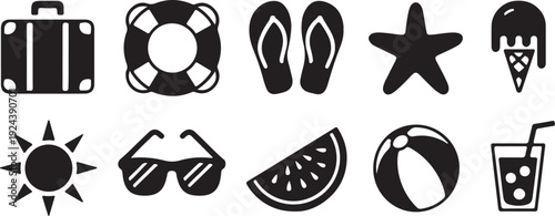 A collection of black silhouette icons showing essential items for a fun summer vacation and beach trip
