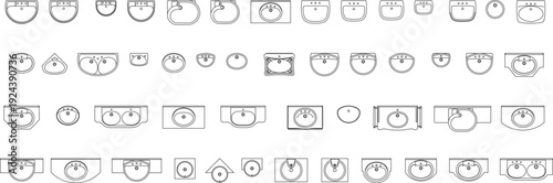 A comprehensive set of technical architectural CAD blocks featuring a wide variety of bathroom sink and washbasin designs, including circular, oval, square, and double-basin models in top-view plan pe