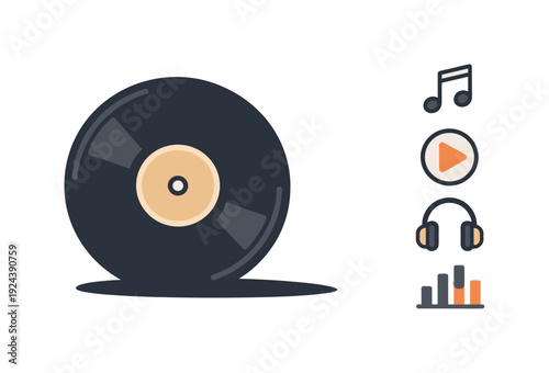 Vinylrec ord silhouette presented as aref ined up right product pose with cle an audiomedi aic onl ines positi oned in the right