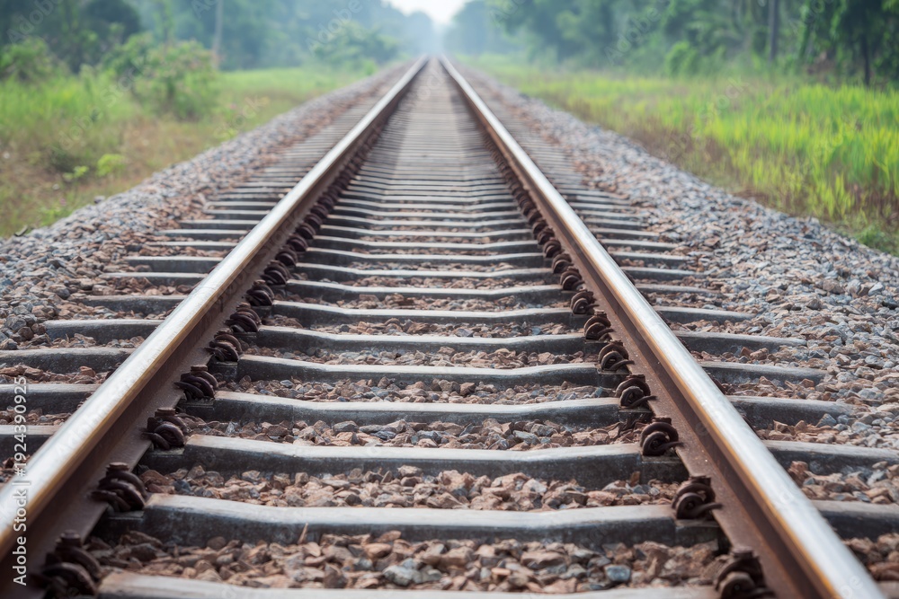 Obraz premium Long Railway Tracks Leading Forward Into the Distance Without Any Train Present