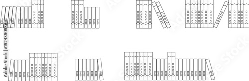 Architectural CAD block set of library or office archives, featuring detailed side elevations of ring binders and books in various organized leaning and standing positions for realistic shelf interior