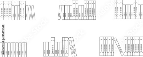 Technical architectural CAD blocks of organized bookshelves, featuring side elevations of ring binders and hardcover books arranged in neat rows for library, office, and study room interior planning.