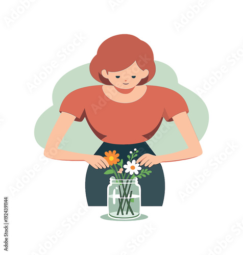 Inside child arranges flowers in a glass jar, arms reaching inward, petals adjusting with quiet care. | arranging flowers, flower
