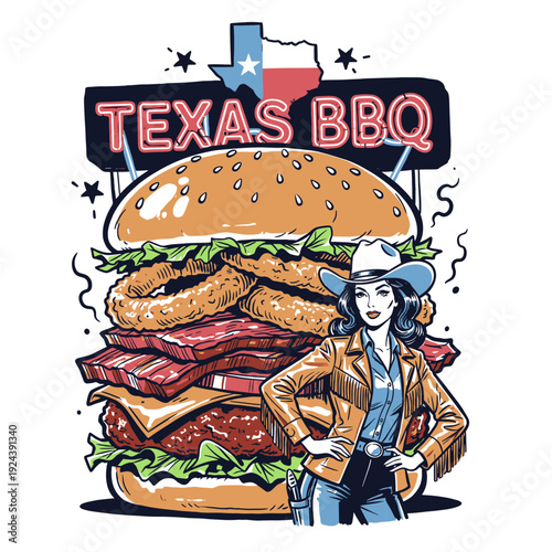 Texas BBQ burger emblem with cowgirl and state map, retro comic vector illustration for restaurant menu or t-shirt design.