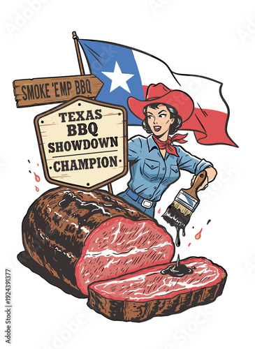 Retro cowgirl BBQ champion mascot illustration with Texas flag, brisket, and sauce for restaurant logo or food event design.