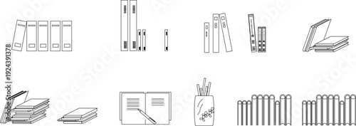 Technical architectural CAD blocks of office stationery and library assets, featuring side and front elevations of ring binders, stacked books, open notebooks with pens, and pencil holders for shelf a