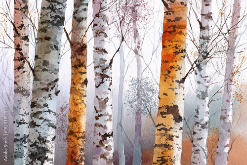 A watercolor painting of birch trees in varying shades of orange and white with delicate branches and sparse foliage hinting at autumn or early winter