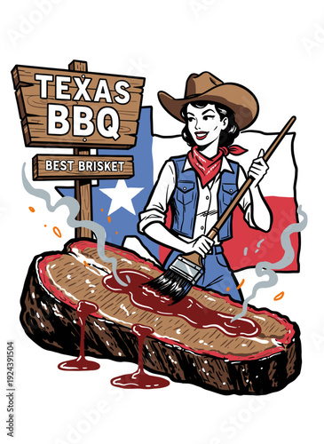 Retro cowgirl basting Texas BBQ brisket, vintage western graphic vector illustration with sign and Texas flag for restaurant logo or t-shirt design.