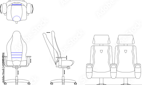 Technical architectural CAD blocks of ergonomic office and gaming chairs, featuring top, front, and side elevations with adjustable height indicators and swivel base details.