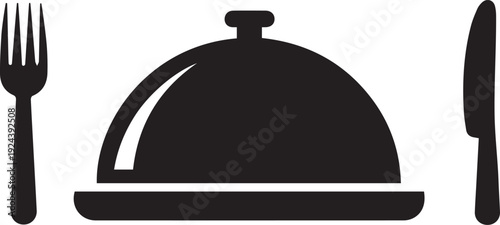 Vector Restaurant platter icon with food cloche fork and knife silhouette for fine dining logo