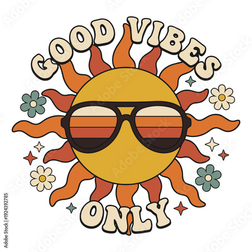 Good Vibes Only Vintage Sun Mascot wearing Cool Retro Sunglasses