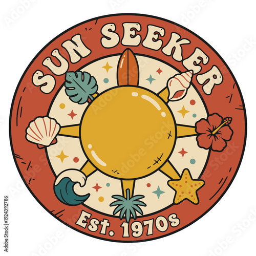 Sun Seeker Est 1970s Retro Badge with Cute Sun and Summer Icons