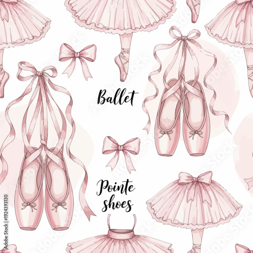 Elegant Watercolor Ballet Pointe Shoes Seamless Pattern with Pink Ribbons