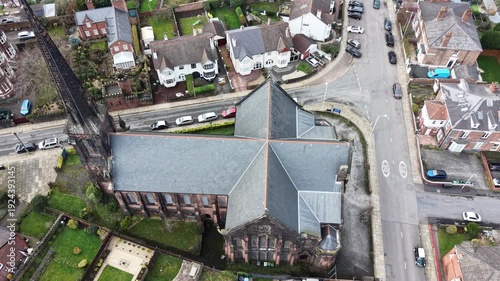 Drone view of Birkenhead Christ Church and surrounding residential area.
