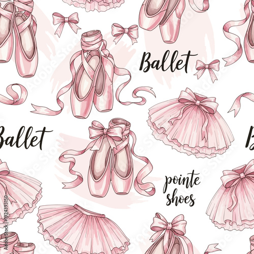 Elegant Watercolor Ballet Pointe Shoes Seamless Pattern with Pink Ribbons