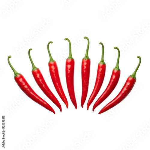 Eight red chili peppers isolated on transparent background
