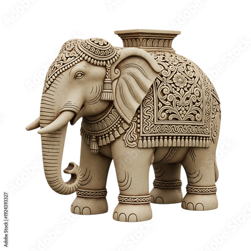 Intricately carved elephant statue isolated on transparent background
