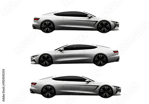Three views of a silver sports car isolated on transparent background