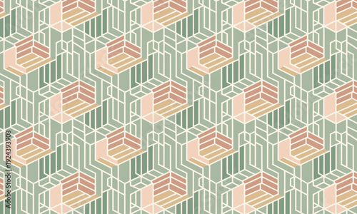 Isometric 3D Hexagon Box Seamless Pattern Sage Green Coral Geometric Vector