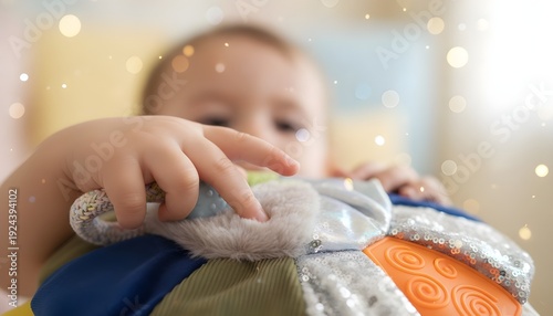 Baby playing with colorful toy with sparkling background