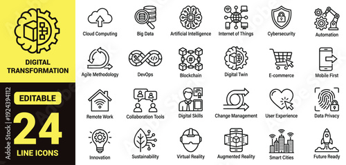 Digital transformation icon set with cloud computing, big data, artificial intelligence, IoT, cybersecurity, blockchain, automation, smart cities, sustainability, and essential digital ranking symbols