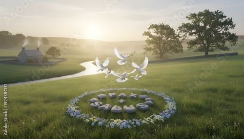 Serene landscape with doves and pax symbol in lush green field