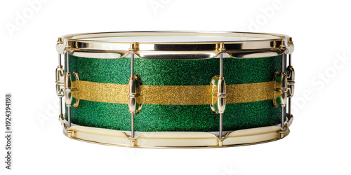 A Snare Drum with a Green Glitter Finish and Gold Accents on a Transparent Background. Isolated Clipart High Resolution Png