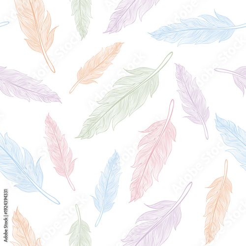 Vector seamless pattern of feathers in boho style. Colotful feather pattern.
