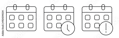 Calendar Icon Set, Planner Schedule and Appointment Reminder Symbols, Date and Time Management Line Vector Illustration