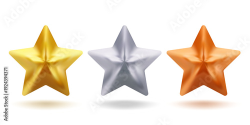 Vector icon of golden, silver and bronze stars in realistic 3D style. Achievements for games or customer rating feedback of website. Vector illustration of meatallic stars in realistic style.