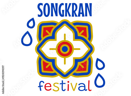 Vector flat logo for Songkran festival in Thailand with water drops and traditional Thai ornament. Songkran water festival logo.