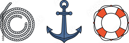 Nautical symbols: coiled rope, anchor, and life preserver on a white background